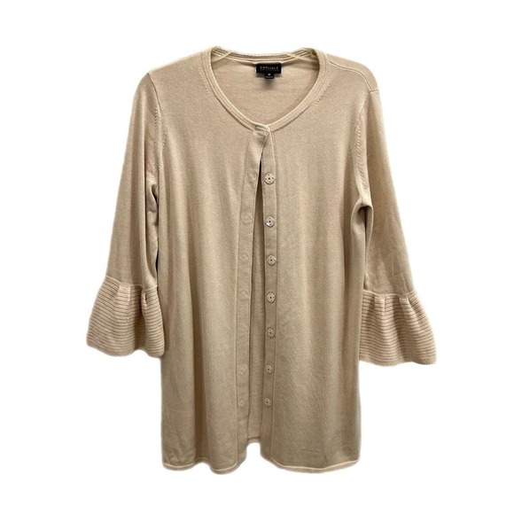 Carlisle Beige Silk Blend Snap Closure Long Cardigan Size Medium Flutter Sleeves - Picture 1 of 16